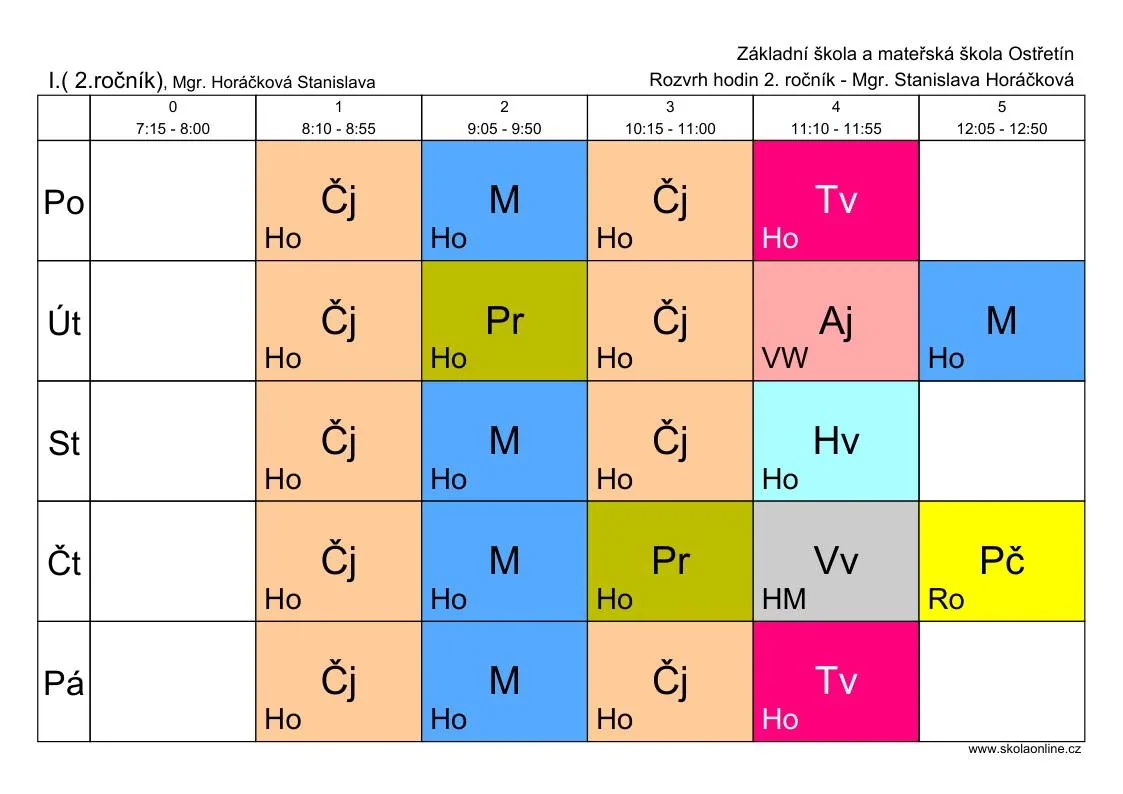 Rozvrh hodin – 2. třída