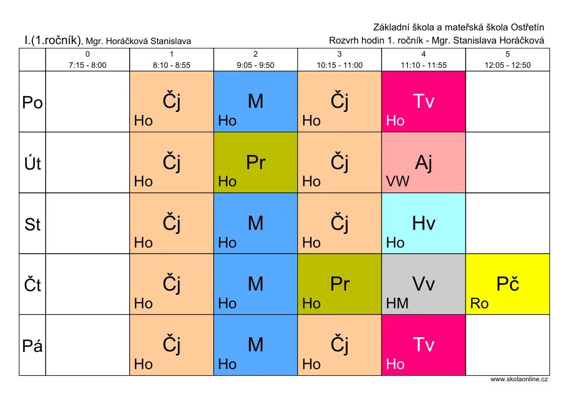 Rozvrh hodin – 1. třída